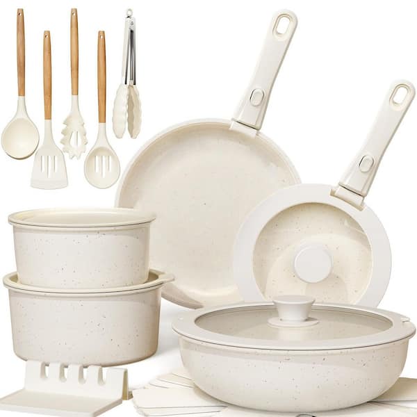 21-Piece Cream White Ceramic Non-Stick Cookware Pots and Pans Set, Detachable Handle Oven Safe Induction Ready Stackable