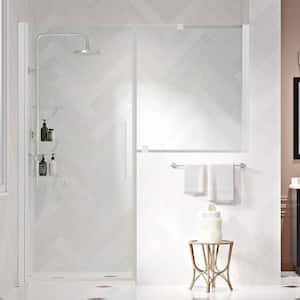 Pasadena 53-13/16 in. W x 72 in. H Pivot Frameless Shower Door in Satin SN with Buttress Panels & Shelves
