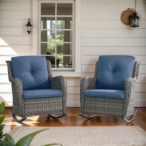 ArcoBay Metal and Gray Wicker Outdoor Rocking Chair with Olefin Navy Blue Cushions (2-Pack)