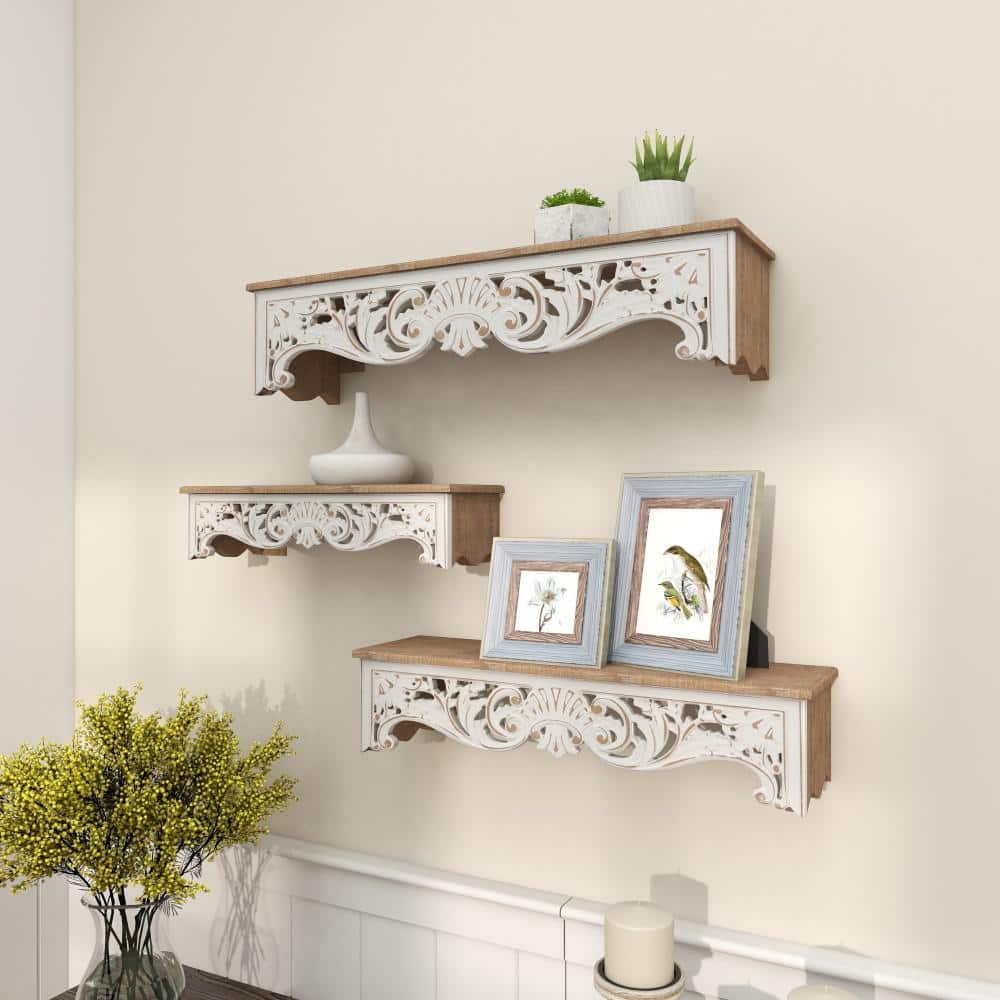 Elegant Carved Brown Wood 3-Tier Floating Wall Shelf Set