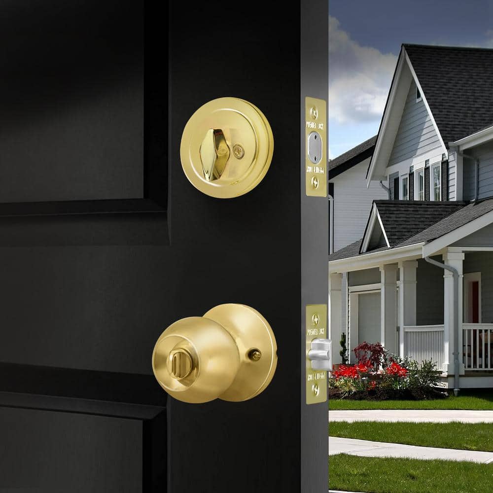Polished Brass Single Cylinder Deadbolt Entry Knob Set
