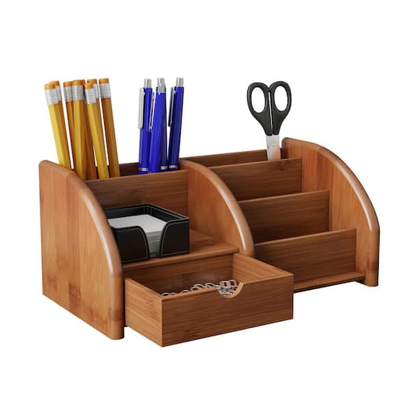3-Compartment Torched Wood Desktop Office Supplies Caddy Desk Organizer Storage Holder