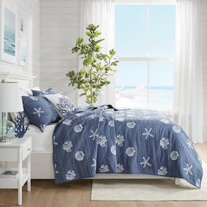 Seaside 4-Piece Navy Cotton Full/Queen Reversible Embroidered Quilt Set with Throw Pillow