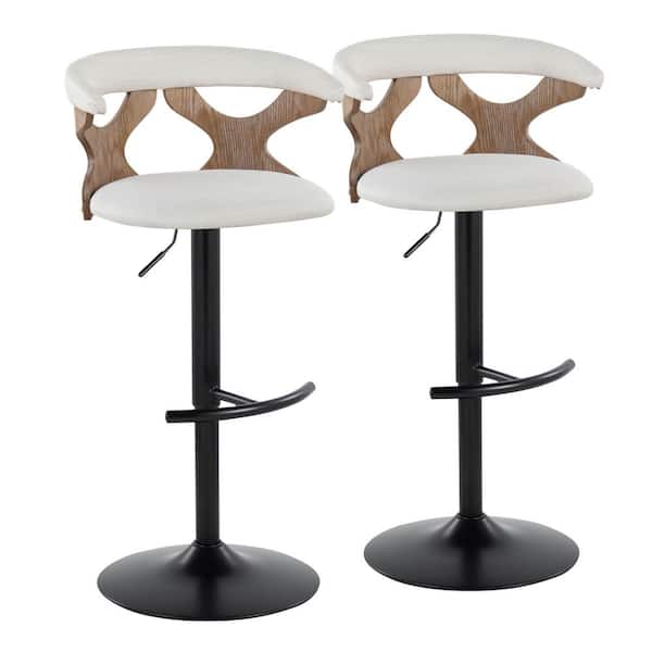 Lumisource Gardenia 32.5 in. Cream Fabric, White Washed Wood and Black Metal Adjustable Bar Stool (Set of 2)