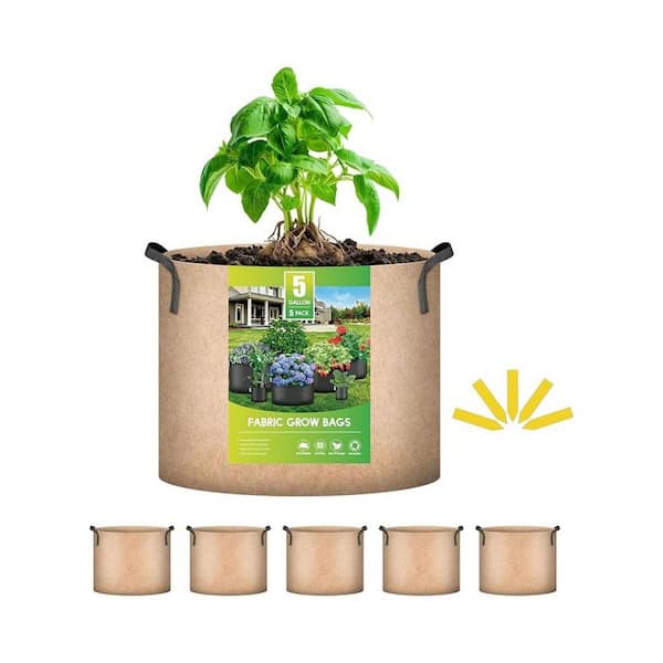 5-Pack 5 Gallon Plant Grow Bags Thickened Nonwoven Fabric Pots Tan Heavy Duty Durable Container with Strap Handles