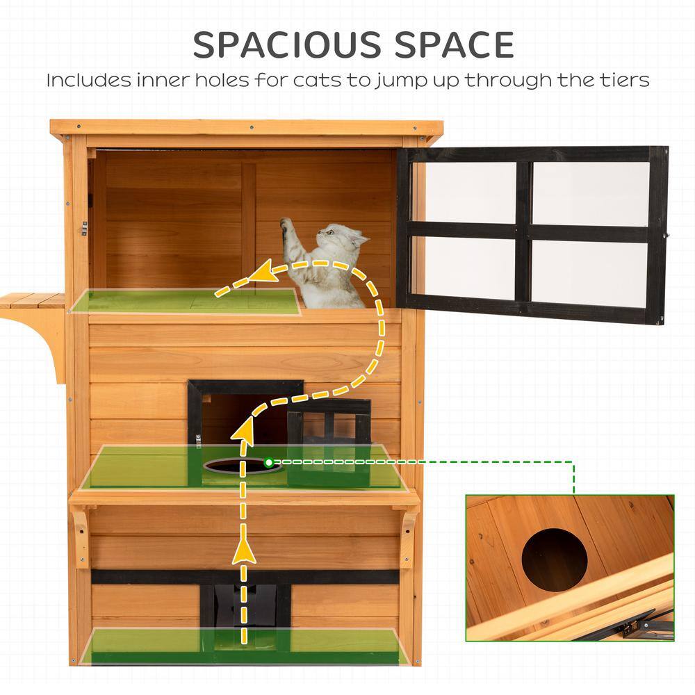 Medium Yellow Wooden 3-Story Outdoor Cat House with Escape Doors