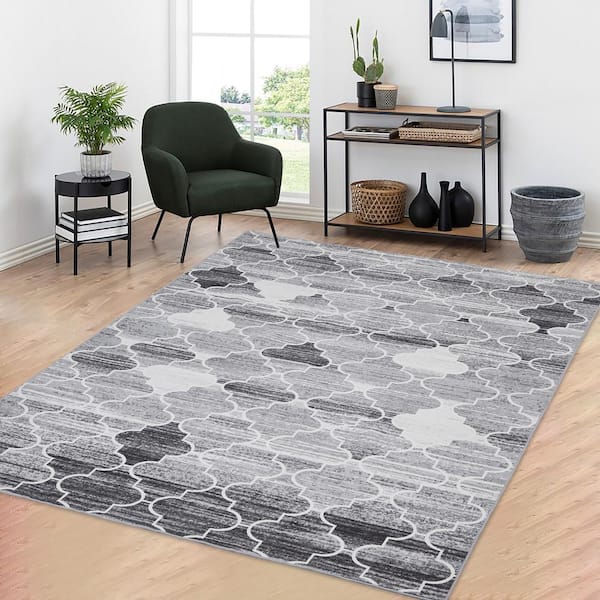 GlowSol Grey 5 ft. x 7 ft. Vintage Geometric Tribal Machine Washable Area Rug, Gray