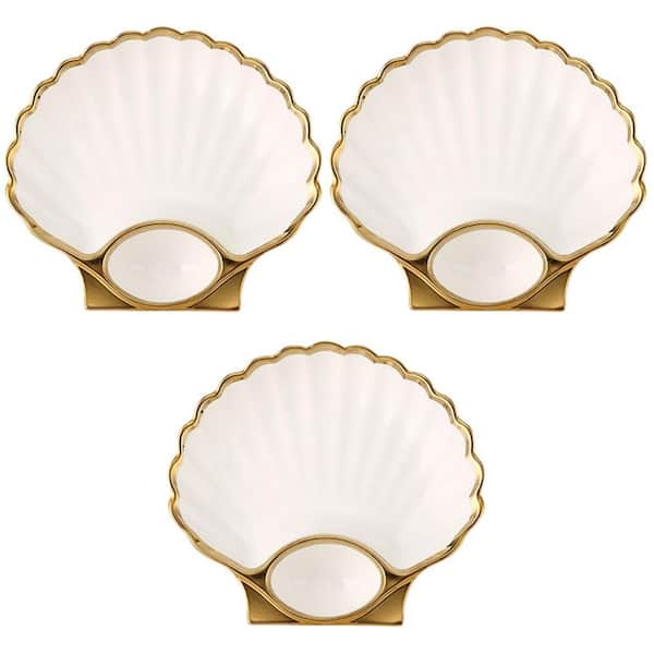 Multi-Colored Ceramic Seashell Chip and Dip Serving Platter Set with Sauce Compartment, 8.66 in. x 7.87 in. 3-Piece