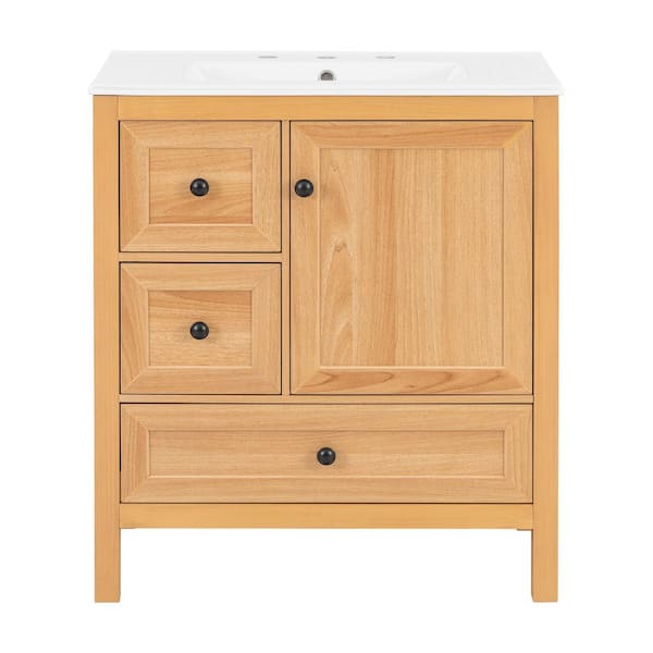 Modern 18 in. Wood Bath Vanity with White Ceramic Sink Top,Solid Wood Legs,Drawers & Door, Storage Rack