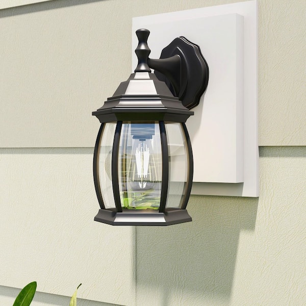 1-Light Textured Black Not Solar Outdoor Wall Lantern Sconce with Clear Glass