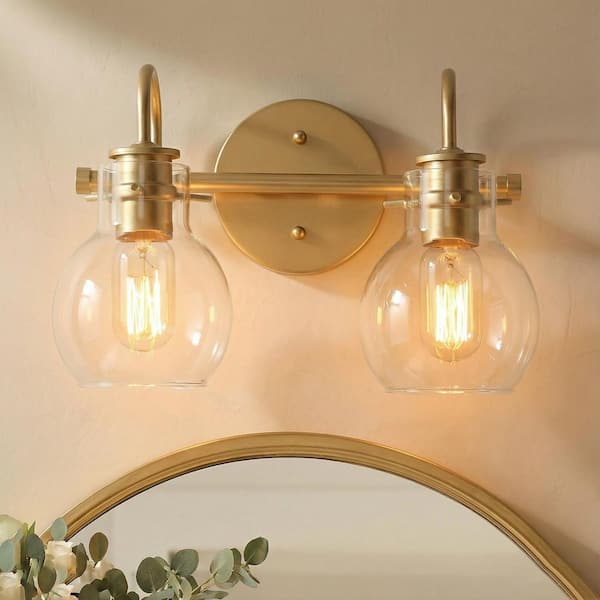 Modern Light Gold Bathroom Vanity Light 13 in. W 2-Light Powder Room Wall Light with Globe Clear Glass Shades