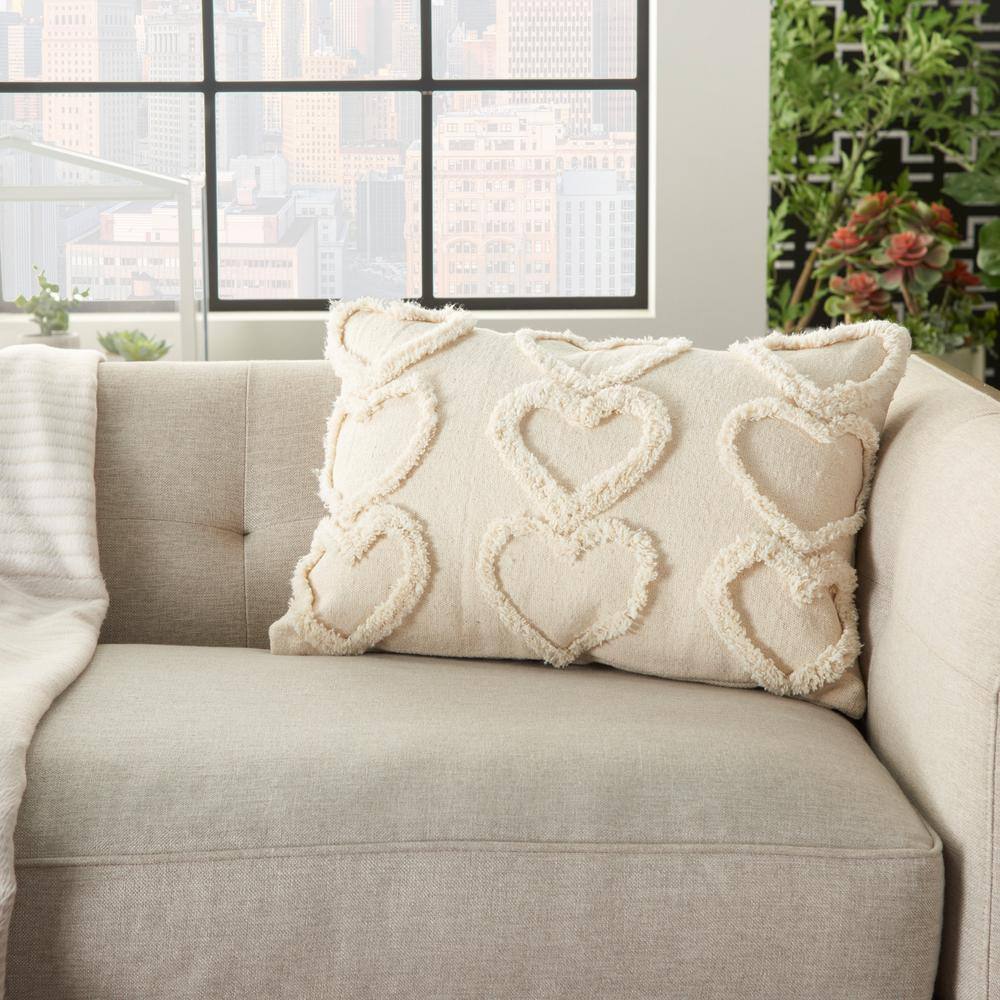 Cream Cotton Heart Pattern Lumbar Throw Pillow 14" x 20"