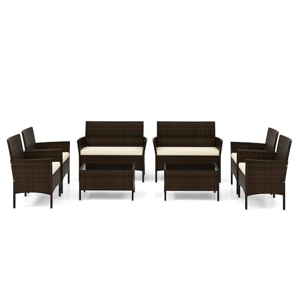 ANGELES HOME 4-Piece Wicker Rattan Patio Conversation Set with Cozy Seat Beige Cushions Practical Coffee Table
