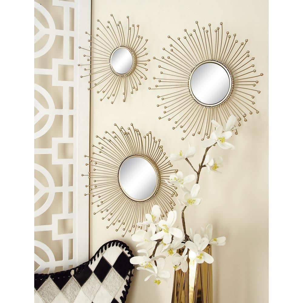 Glamorous Gold Starburst Round Wall Mirror Set of 3