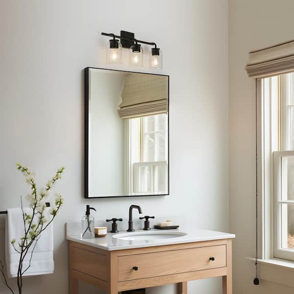 Modern 3-light Matte Black Wall Sconce with Clear Dome Glass Shade, Industrial 19.5 in. Vanity Light for Bathroom