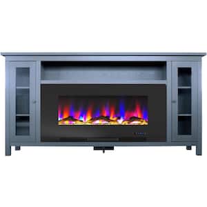 Brighton 69.7 in. Freestanding Electric Fireplace TV Stand in Slate Blue with Driftwood Log Display