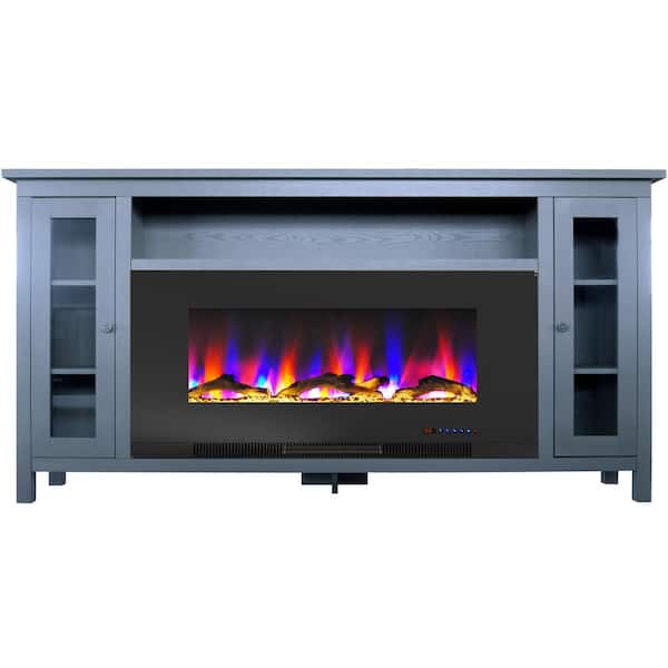 Hanover Brighton 69.7 in. Freestanding Electric Fireplace TV Stand in Slate Blue with Driftwood Log Display