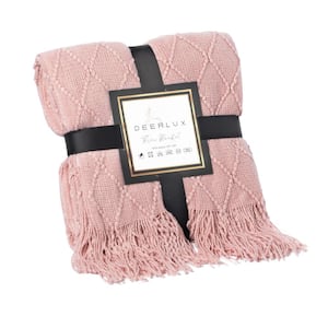 Pink Decorative Diamond Pattern Knit Throw Blanket with Fringe