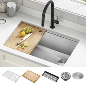 Kore Workstation Undermount Stainless Steel 30 in. Single Bowl Kitchen Sink w/Integrated Ledge and Accessories