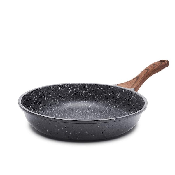 Adrinfly 11 in. Cast Aluminum Nonstick Coating Frying Pan in Gray Comfortable Grip Bakelite Handle in Wood Grain Design
