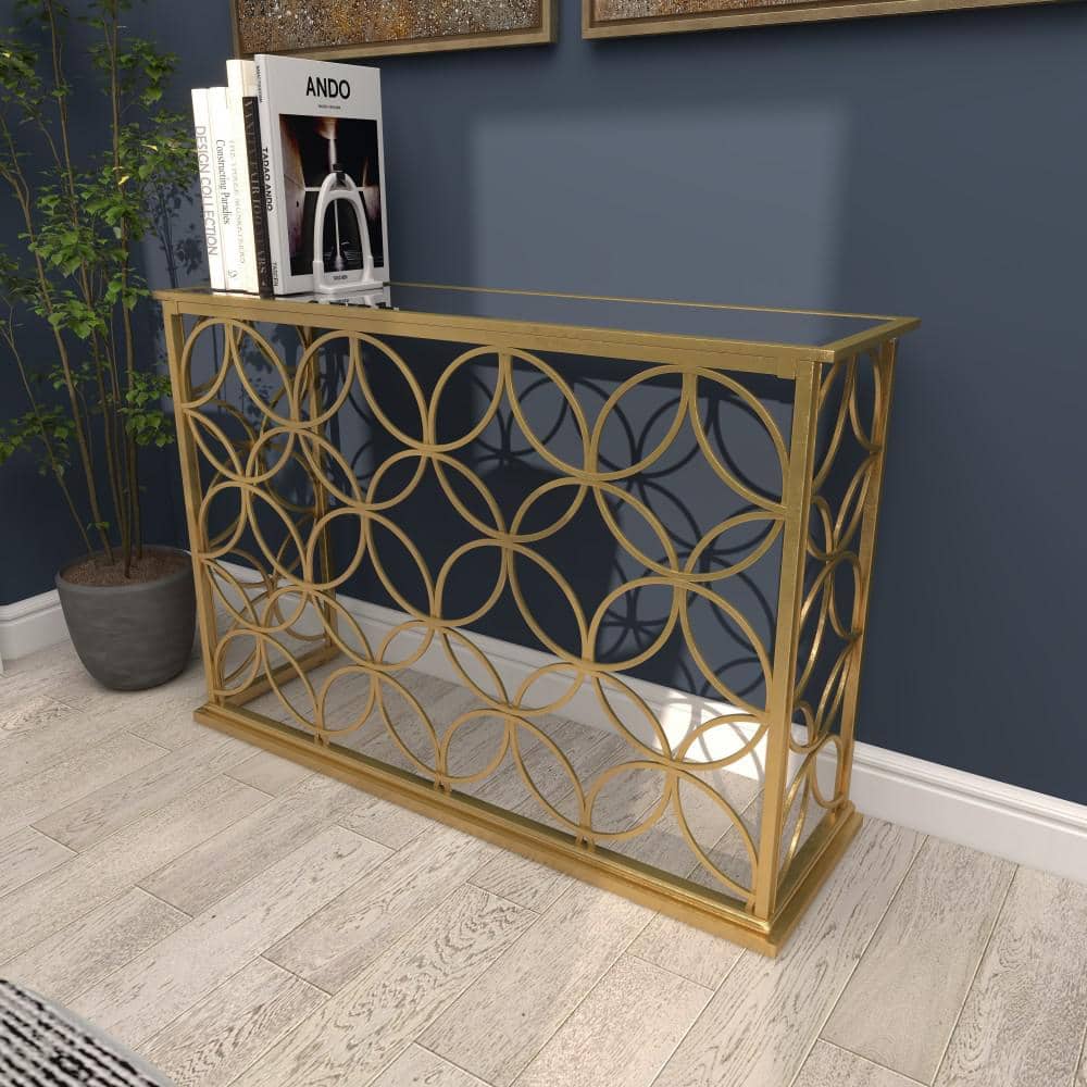 Elegant Gold Metal & Mirrored Glass Console Table, 47" x 32"