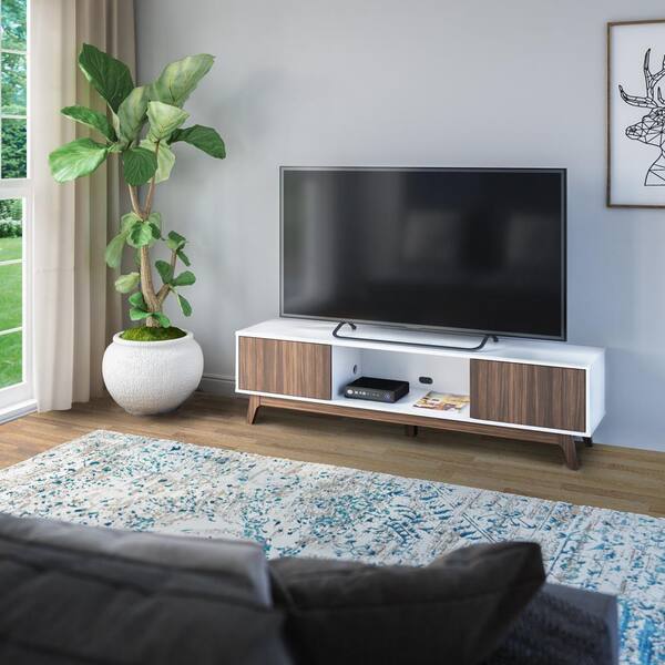 Twin Star Home Brilliant White 2-Tone Mid-Century TV Stand Fits TVs up to 80 in.