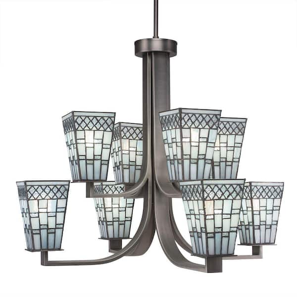 Unbranded Aspen 8-Light Graphite Chandelier, Square Chandelier with 5 in. Square Pewter Art Glass Glass Shades, No bulbs included