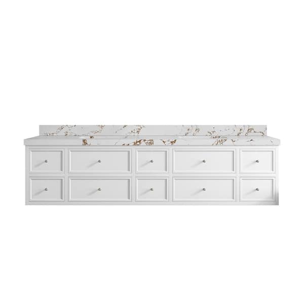 Willow Collections Roswell Floating 84 in. W x 22 in. D x 36 in. H Double Sink Bath Vanity in White with 2 in. Viola Brown qt. Top