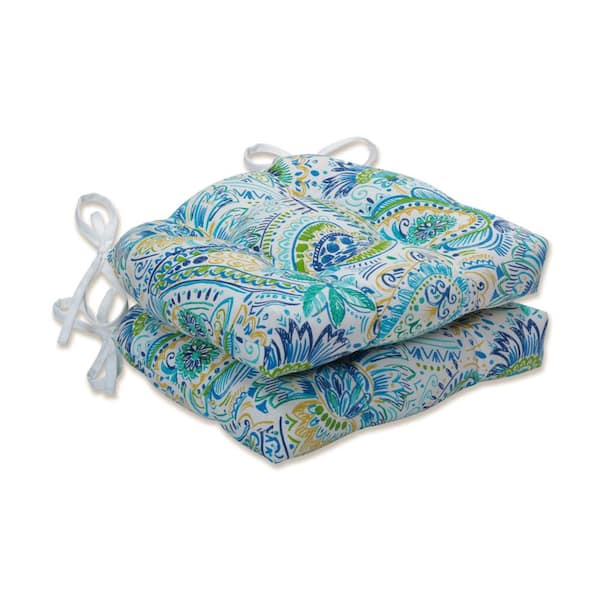 Pillow Perfect Paisley 17.5 x 17 in. 2-Piece Outdoor Dining Chair Cushion Blue/Yellow Gilford