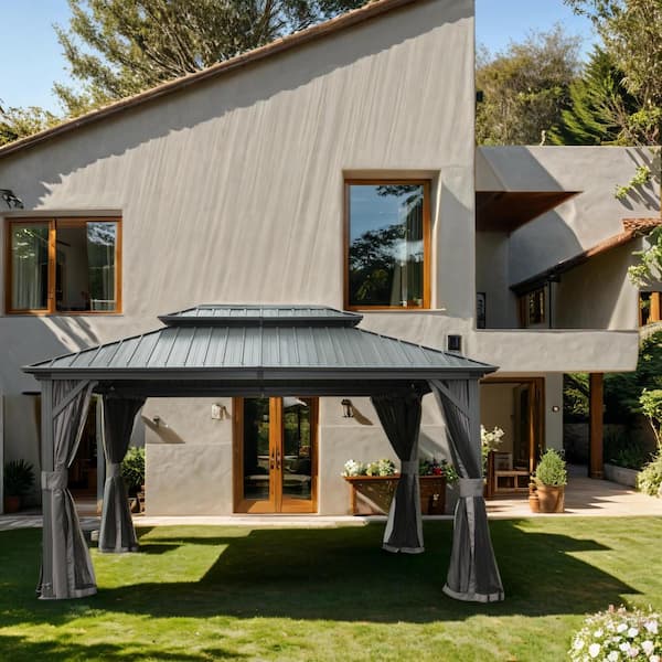10 ft. x 12 ft. Gray Aluminum Frame Hardtop Gazebo with Galvanized Steel Double Roof Canopy, Curtains and Netting
