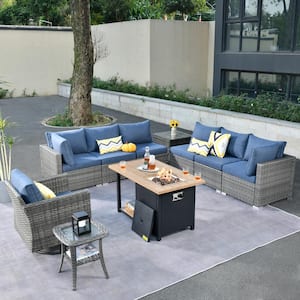 Messi Gray 10-Piece Wicker Outdoor Fire Pit Patio Conversation Sofa Set with a Swivel Chair and Denim Blue Cushions