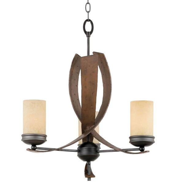 Varaluz Aizen 3-Light Hammered Ore with Aspen Bronze Accents Chandelier with Recycled Tea Stained Creamy Glass
