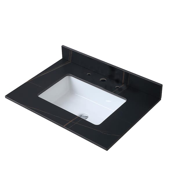 Unbranded 31 in. W x 22 in. D Engineered Stone Composite White Rectangular Single Sink Bathroom Vanity Top in Black Gold