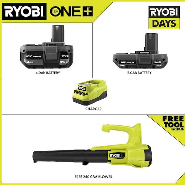 ONE+ 18V Lithium-Ion Starter Kit with 2.0 Ah Battery, 4.0 Ah Battery, Charger and FREE ONE+ 250 CFM Cordless Leaf Blower