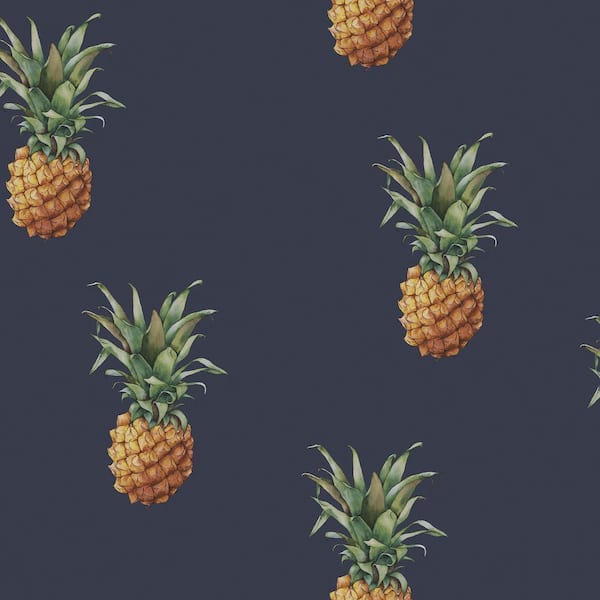 Unbranded Pineapples Navy Matte Finish Vinyl on Non-Woven Non-Pasted Wallpaper Roll