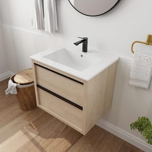 LINE 24 in. W x 18.8 in. D x 21.25 in. H Single Sink Wall Mount Bath Vanity in Light Oak with White Ceramic Top Sink