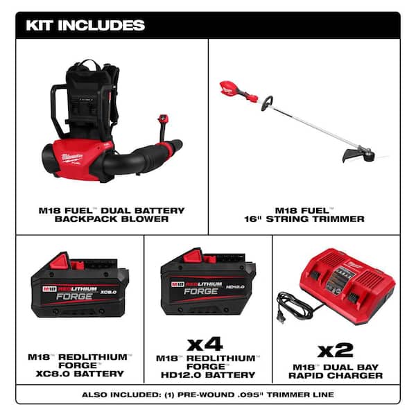 M18 FUEL 18V Brushless Cordless Dual Battery Backpack Blower Kit w/ M18 Hedge Trimmer, (6) M18 Batteries, (3) Chargers