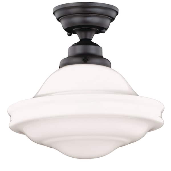 Huntley 12-in W Bronze Farmhouse Schoolhouse Semi Flush Mount Ceiling Light White Glass