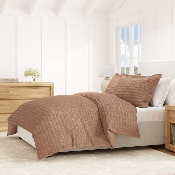 FRESHFOLDS Brown 100% Cotton Textured 3-Piece King / California King Duvet Set with Shams