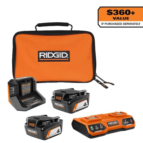 RIDGID 18V (2) 4.0 Ah Batteries and Charger Kit with 18V Dual Port Simultaneous Charger