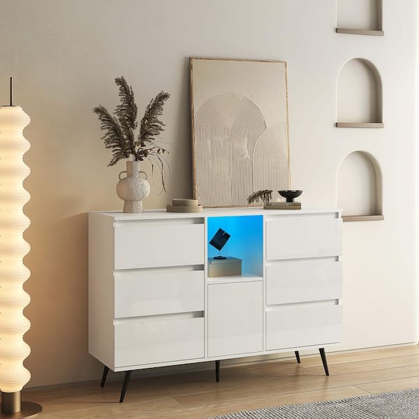 Tahanbath High-Gloss White Living Room Sideboard with LED Lights-Modern Wooden Storage and Display Cabinet for Kitchen