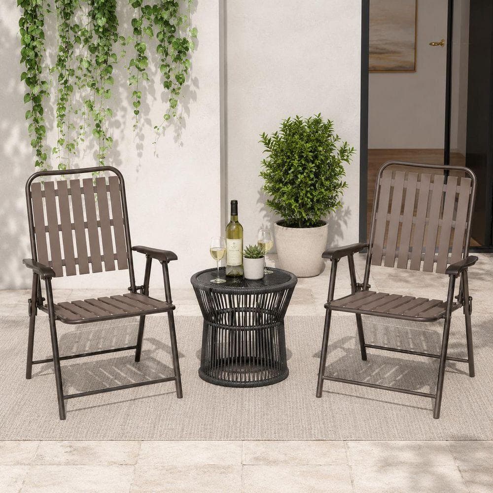 IALTRUISTIC Metal Outdoor Dining Chairs Patio Folding Chairs with Ergonomic Slats Design in Brown (2-Pack)