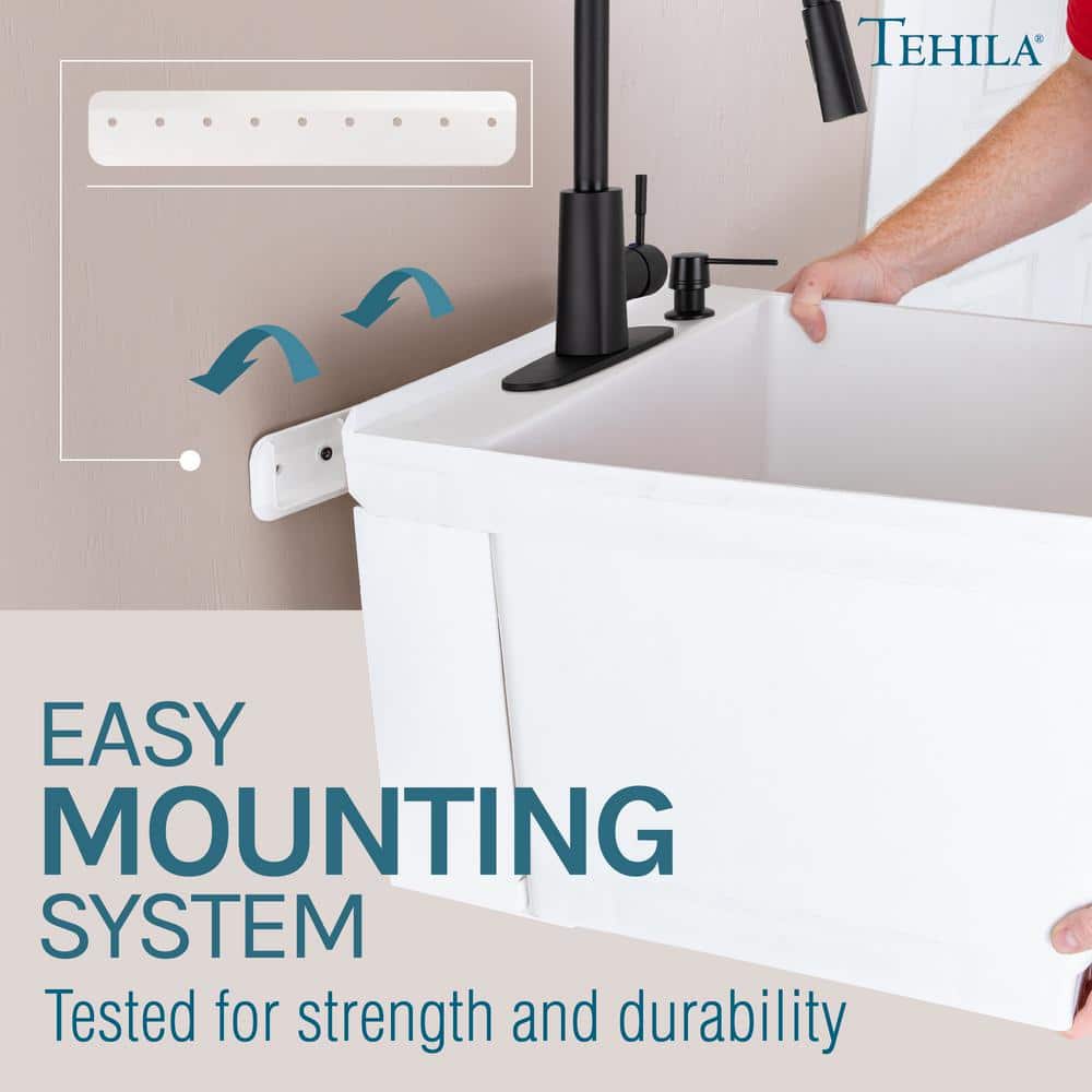 White Thermoplastic Wall Mounted Utility Sink with Matte Black Faucet