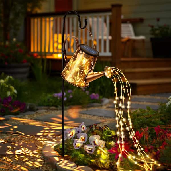 Gold Metal Solar Light Outdoor Garden Decor, Hanging Waterproof Watering Can Path Light (1-Pack)