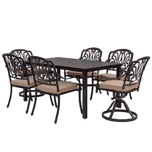 Dack Brown 7-Piece Aluminum Rectangle Table Outdoor Dining Set with Khaki Cushions and Umbrella Hole Seating for 6