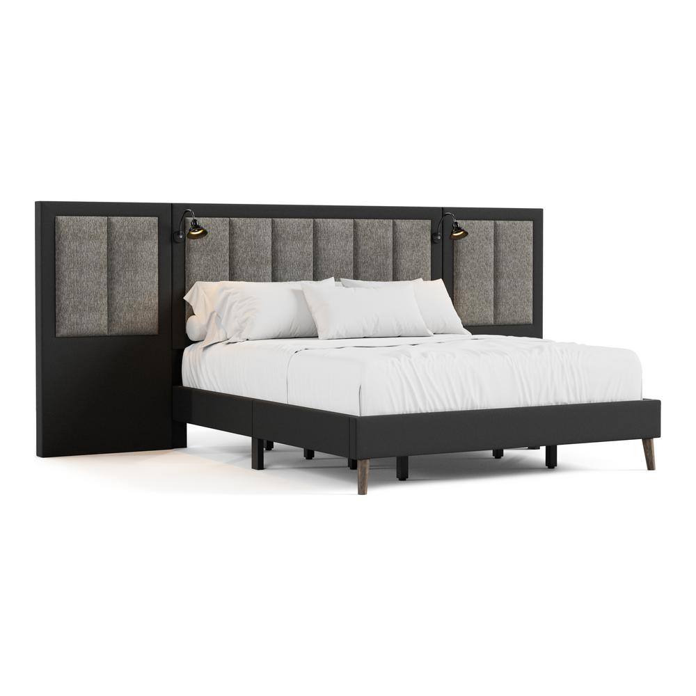Thease Brown Wood Frame Queen Panel Bed with Extended Wall Panel and LED on Headboard