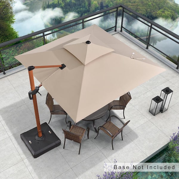 PURPLE LEAF 9 ft. Square All-aluminum 360° Rotation Wood pattern Cantilever Offset Outdoor Patio Umbrella in Beige