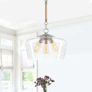 18 in. 3-Light Farmhouse Antique Bronze Pendant Light Bowl Clear Glass Shade Chandelier with Rope Accent