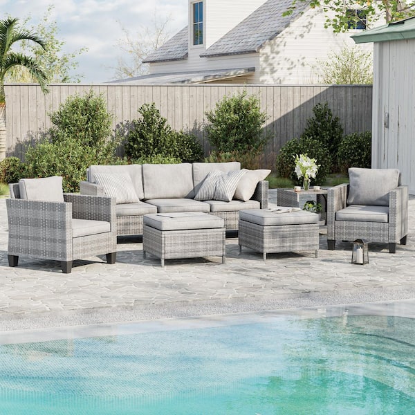 6-Piece Patio Sofa Set Gray Wicker Outdoor Furniture Set with Coffee Table, Linen Grey