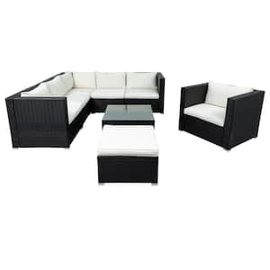 Brown 8-Piece PE Rattan Wicker Patio Outdoor Conversation Set with Sofas, Ottomans, Coffee table and White Cushions